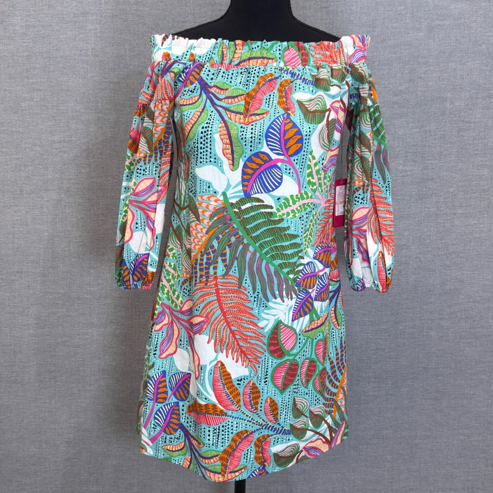 NWT Vince Camuto Aqua Blue Tropical Floral Off Shoulder Mini Dress Size 2